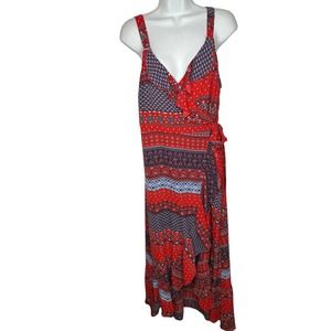 Living Doll Women's Ruffle Asymmetrical Wrap Midi Dress Red Printed Boho Flowy M